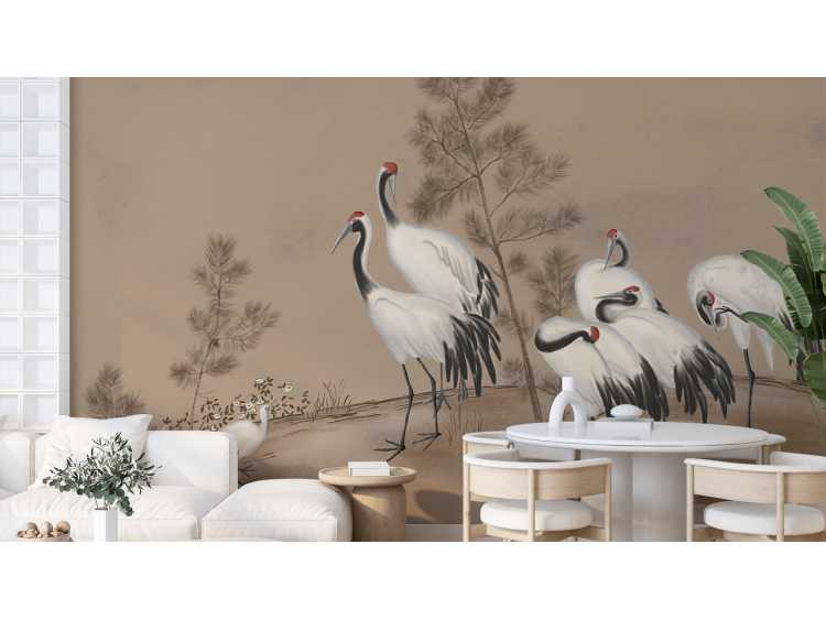 N°145 Papier peint Les grues blanche et rouge