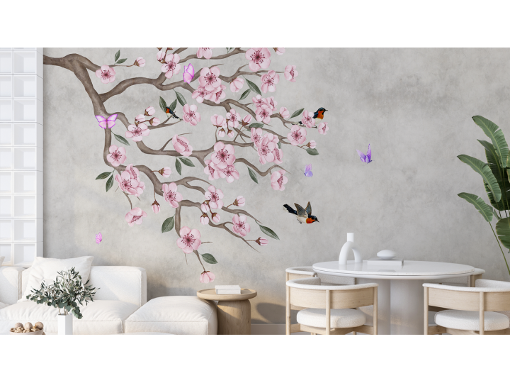 N152 Papier peint Fleur de ceriser et les moineaux