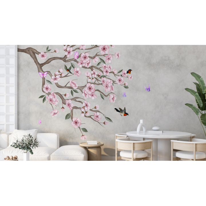 N152 Papier peint Fleur de ceriser et les moineaux