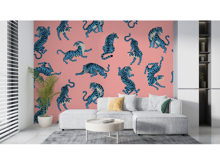 N167 Papier Peint Tigre bleu sur fond rose