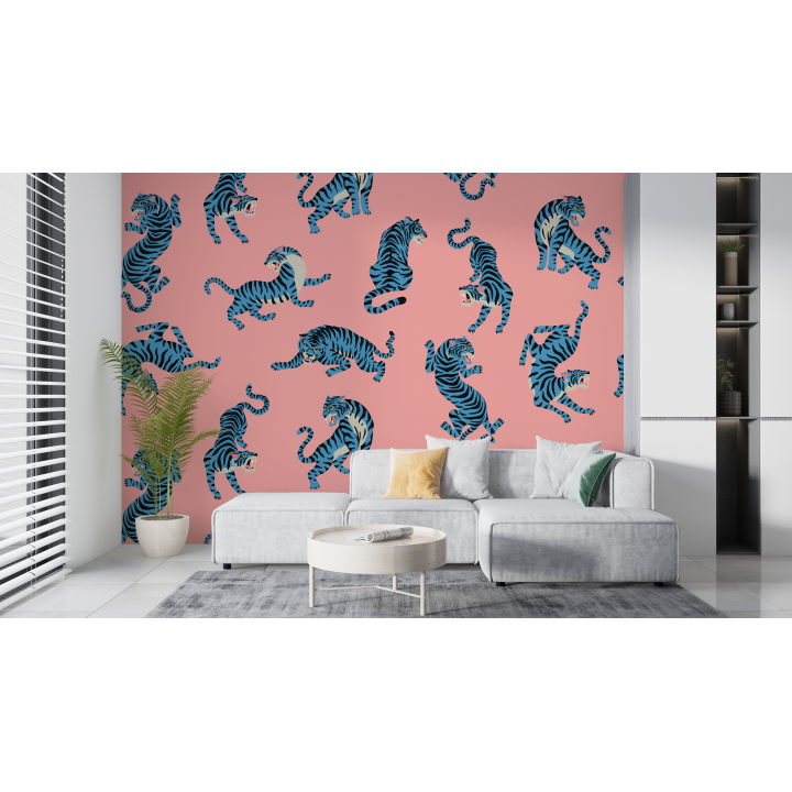 N167 Papier Peint Tigre bleu sur fond rose