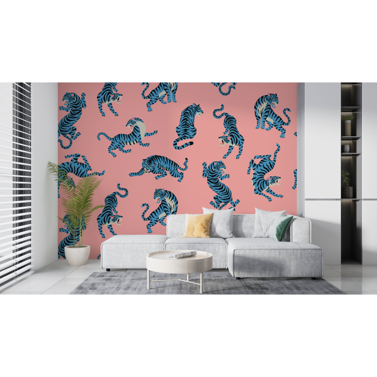 N&deg;167 Papier Peint Tigre bleu sur fond rose