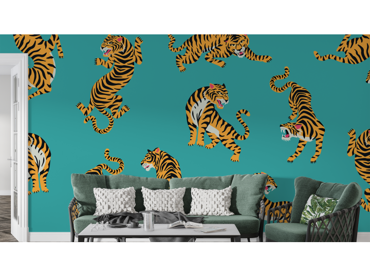 N168 Papier Peint Tigre jaune sur fond vert