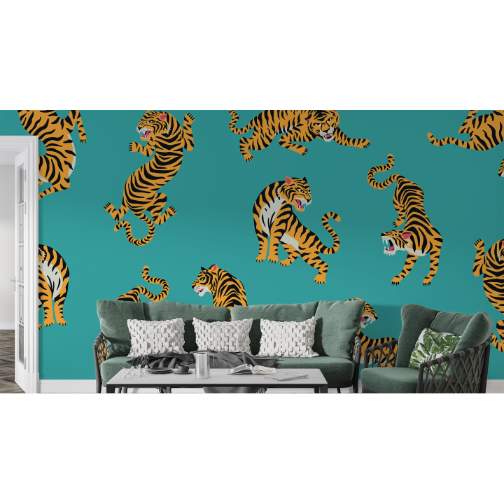 N168 Papier Peint Tigre jaune sur fond vert