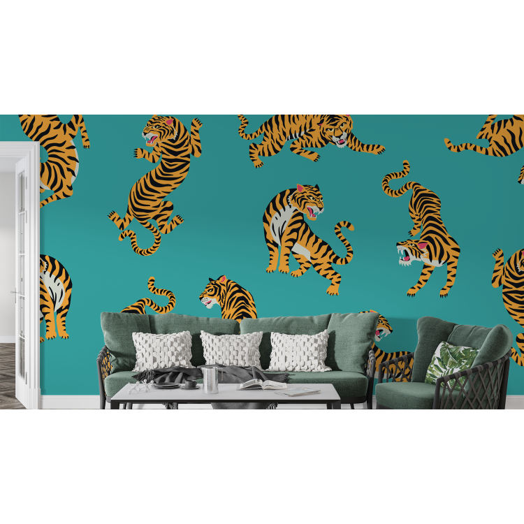 N&deg;168 Papier Peint Tigre jaune sur fond vert