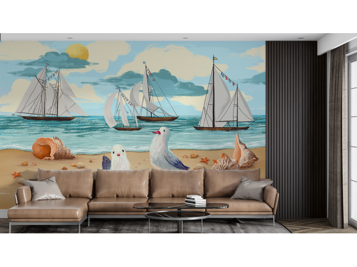 N173 Papier peint Plage aux goelands et bateaux