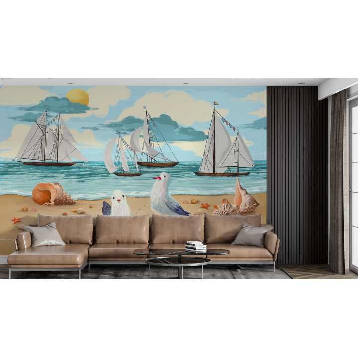 N173 Papier peint Plage aux goelands et bateaux