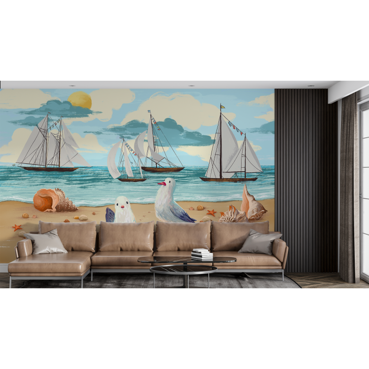 N&deg;173 Papier peint Plage aux goelands et bateaux