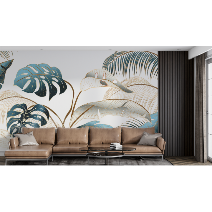 N183 Papier peint Plantes tropicales dorées