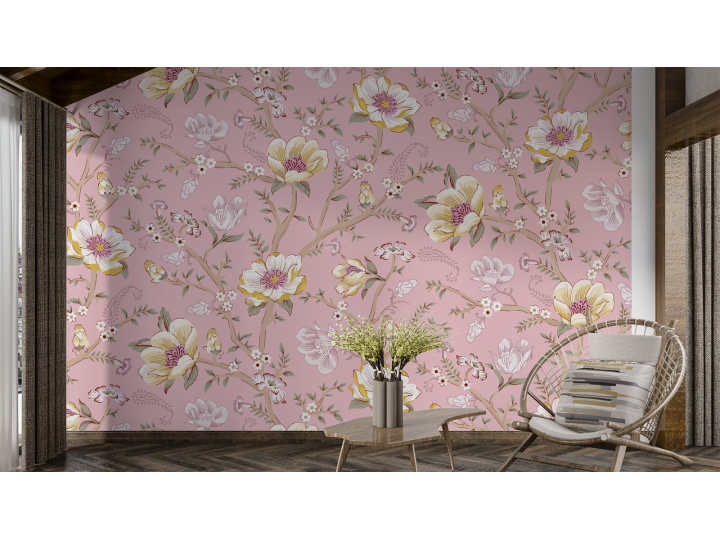 N241 Papier peint Abre fleurie sur fond rose