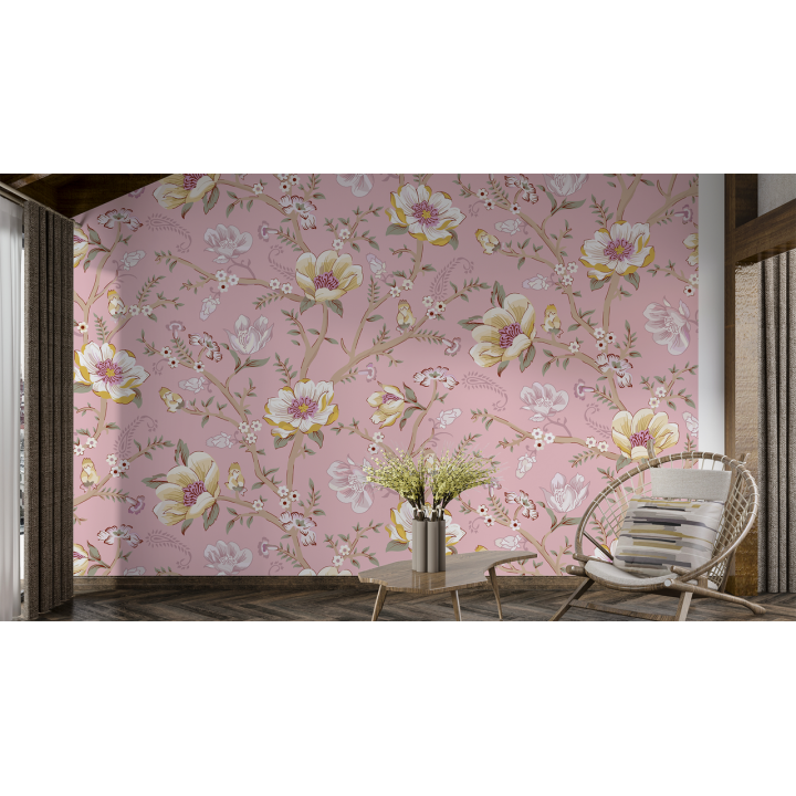 N241 Papier peint Abre fleurie sur fond rose