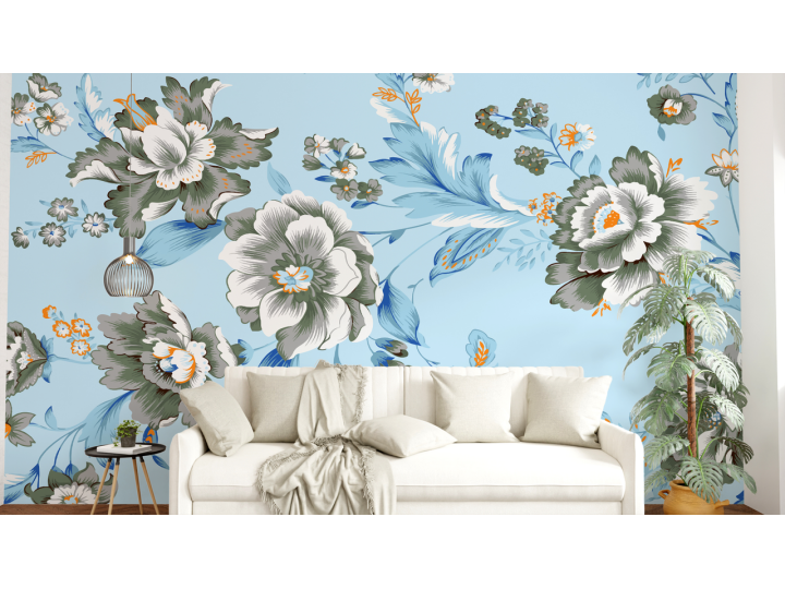 N250 Papier peint Fleurs grises sur fond bleu