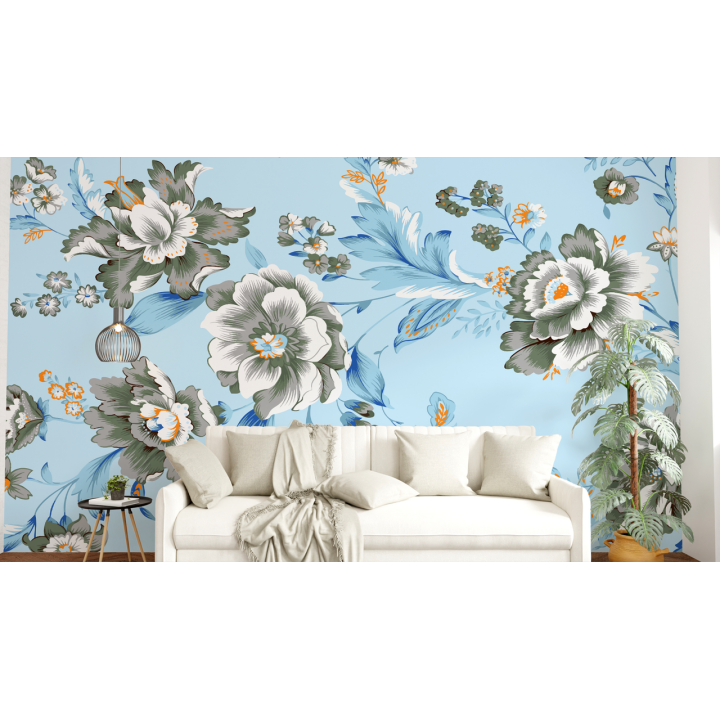 N250 Papier peint Fleurs grises sur fond bleu