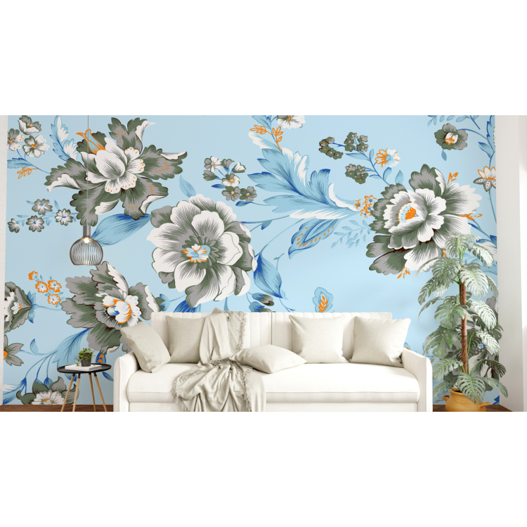 N&deg;250 Papier peint Fleurs grises sur fond bleu