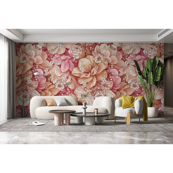 Papier peint Bouquet XXL de fleurs roses et corail N55