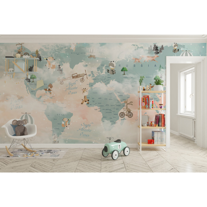 Papier peint carte du monde enchantée pour les petits explorateurs n43