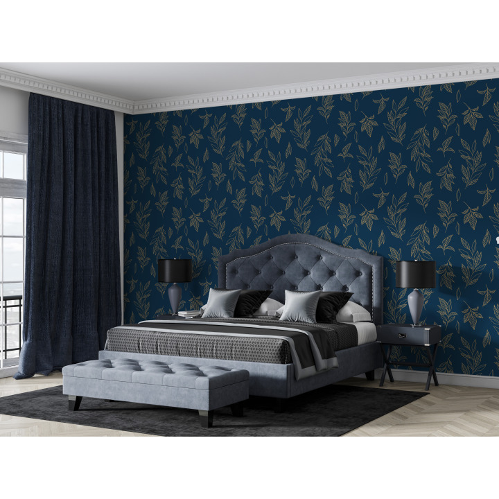 Papier peint motif floral doré sur fond bleu marine N19